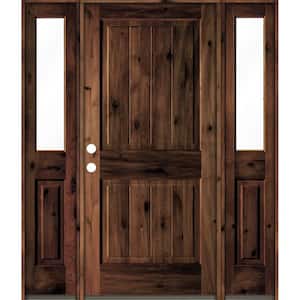 64 in. x 80 in. Rustic Alder Square Top Red Mahogany Stained Wood with V-Groove Right Hand Single Prehung Front Door