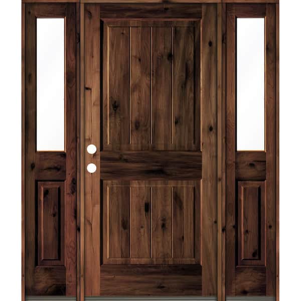 70 in. x 80 in. Knotty Alder Square Top Right-Hand/Inswing Clear Glass Red Mahogany Stain Wood Prehung Front Door w/DHSL