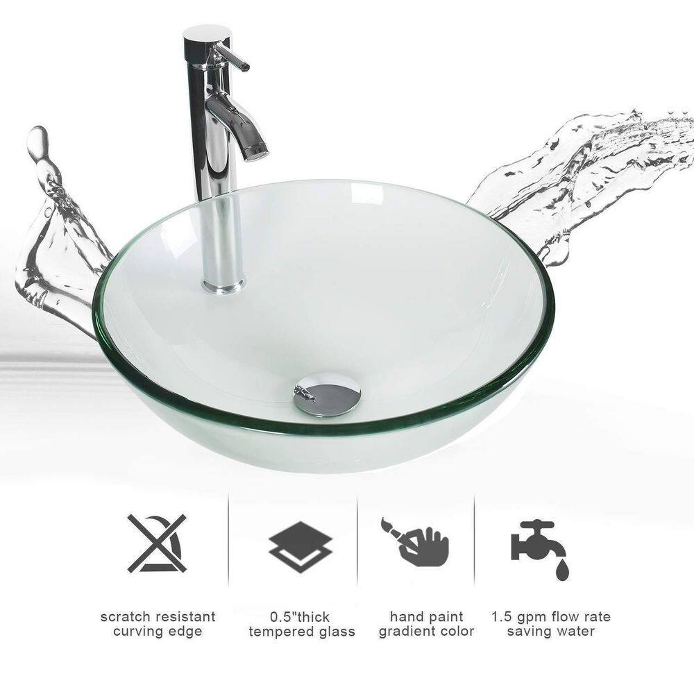 Clear Tempered Glass Round Vessel Sink with Chrome Faucet