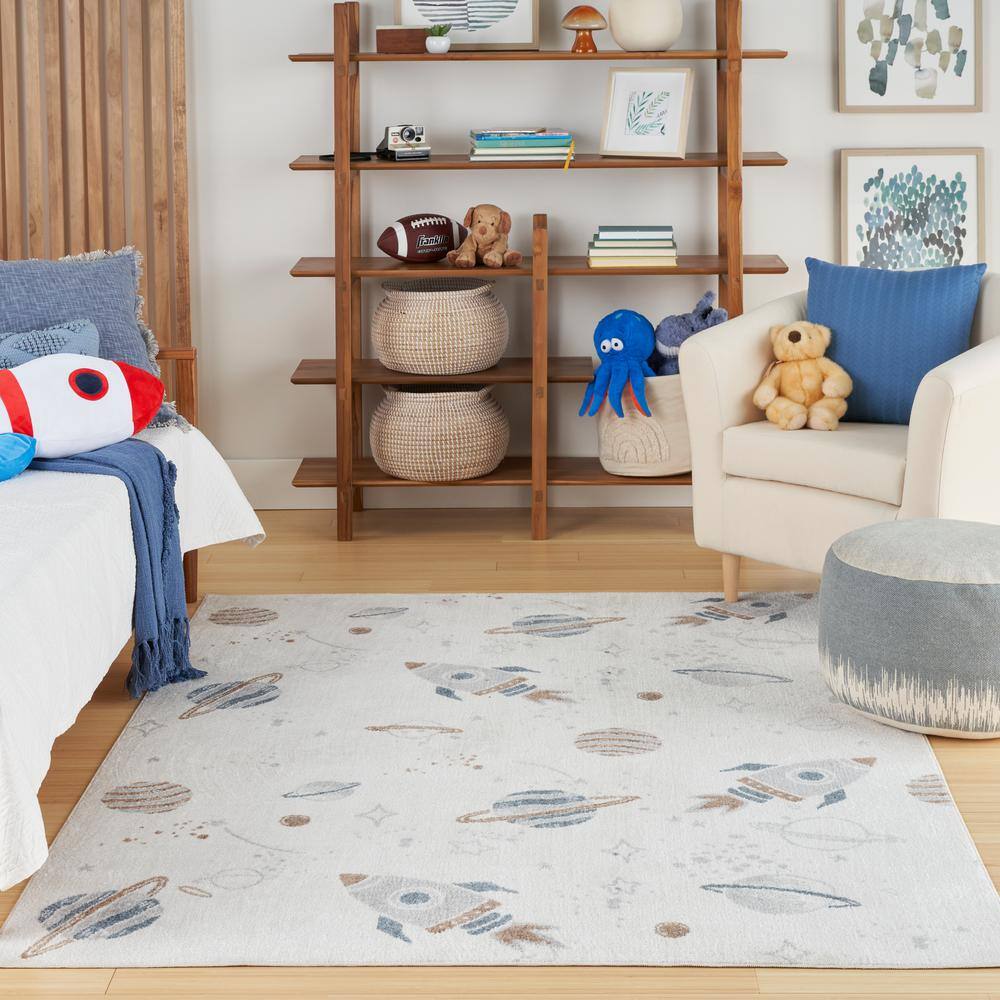 Ivory Multicolor Space Theme Kids Washable Area Rug 5' x 7'