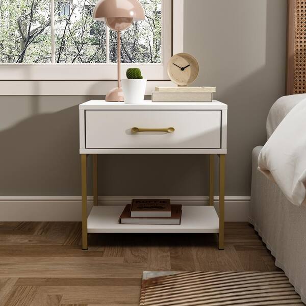 FUFU&GAGA 1-Drawer White Wood Nightstand With Open Shelf and Metal Legs 17.7"H x 17.7"W x 15.6"D