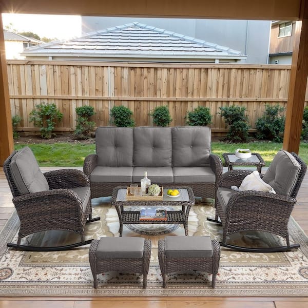 Brown 7-Piece Wicker Patio Conversation Set with Rocking Chairs, Outdoor Sofa Seating Set with Olefin Gray Cushions
