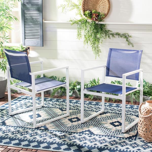 SAFAVIEH Neval Navy/White Metal Outdoor Dining Chair (2-Pack)