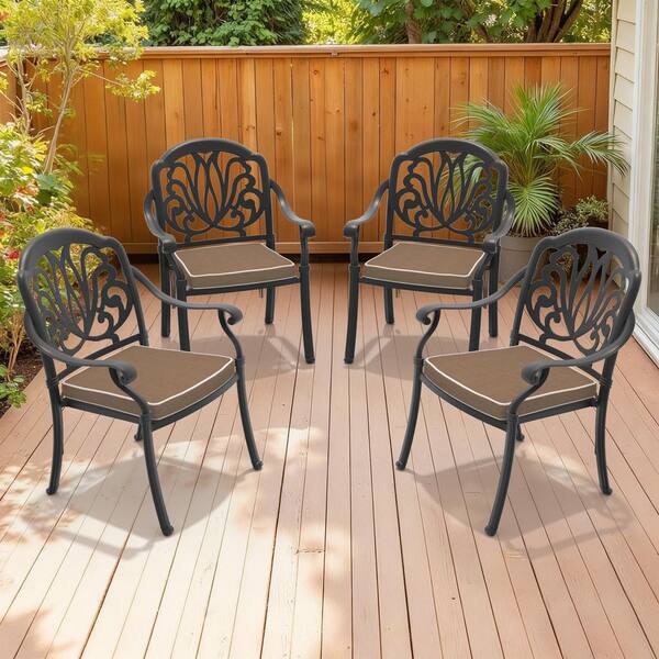 Black Stackable Elegant Cast Aluminum Patio Outdoor Dining Chair with Brown Cushion(4-Pack)