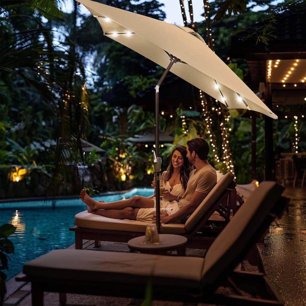 10x6.5 ft Beige Cantilever Patio Umbrella with Solar LED Lights