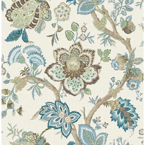 Hickory Smoke and Blue Bell Bernadette Jacobean Paper Unpasted Nonwoven Wallpaper Roll 60.75 sq. ft.
