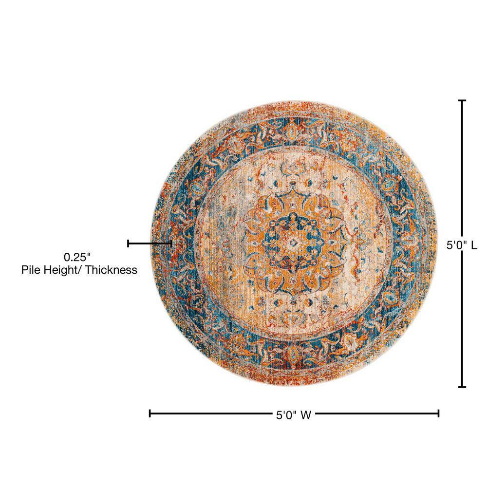 Vintage Blue Round Synthetic Easy Care Area Rug