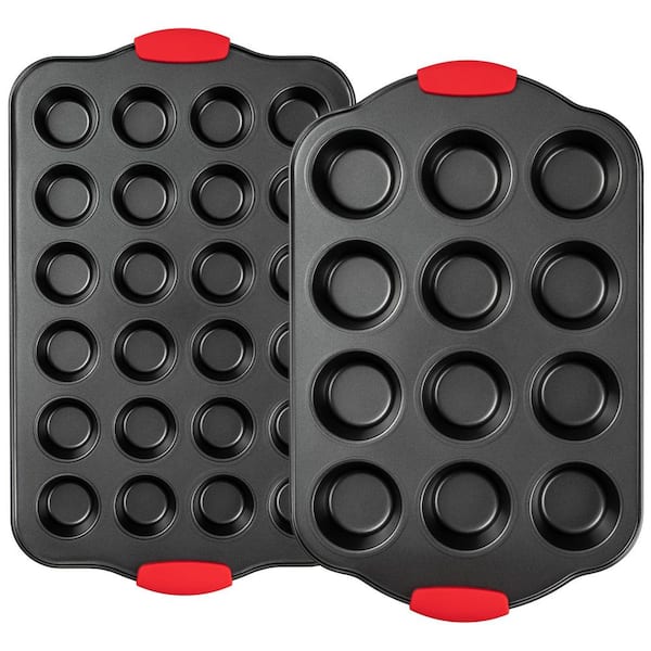 2-Piece Nonstick Cupcake and Muffin Pan Sets, 12-Cup Regular and 24-Cup Mini Bareware Tray with Silicone Grip Handles