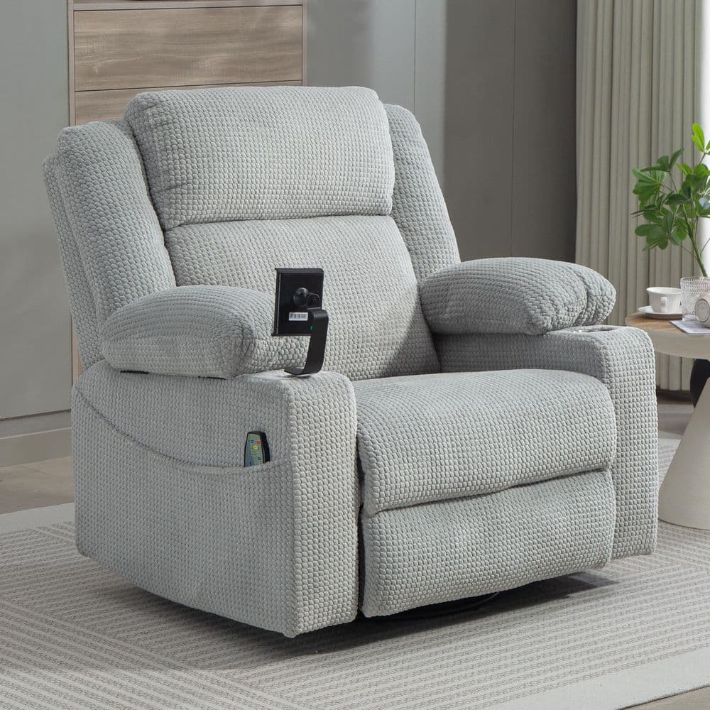 aisword Grey Enhanced Dual-Motor Swivel Corduroy Recliner Rocking Chair with Massage and Heating, Headrest Adjustable AD547P33-01327