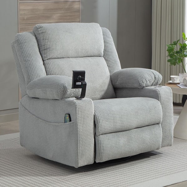 Grey Enhanced Dual-Motor Swivel Corduroy Recliner Rocking Chair with Massage and Heating, Headrest Adjustable