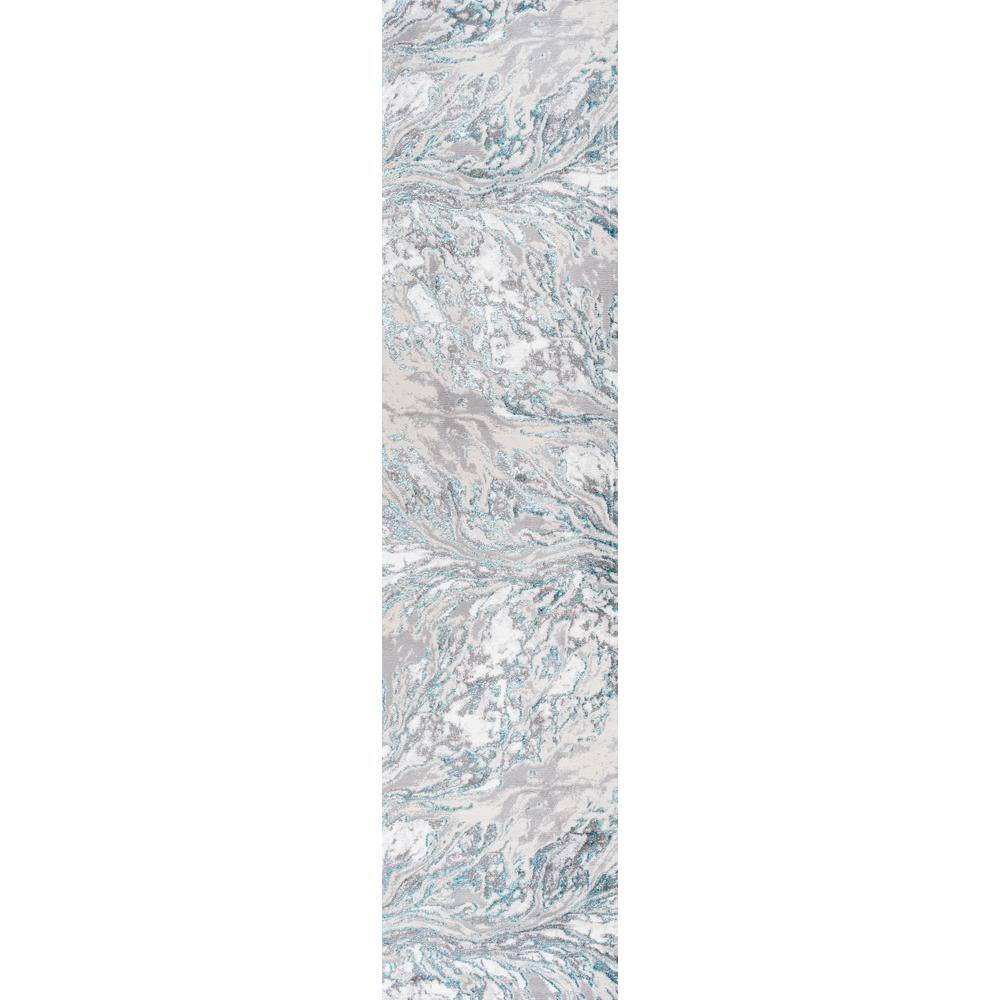 Gray and Turquoise Abstract Washable Synthetic Runner Rug 2' x 10'