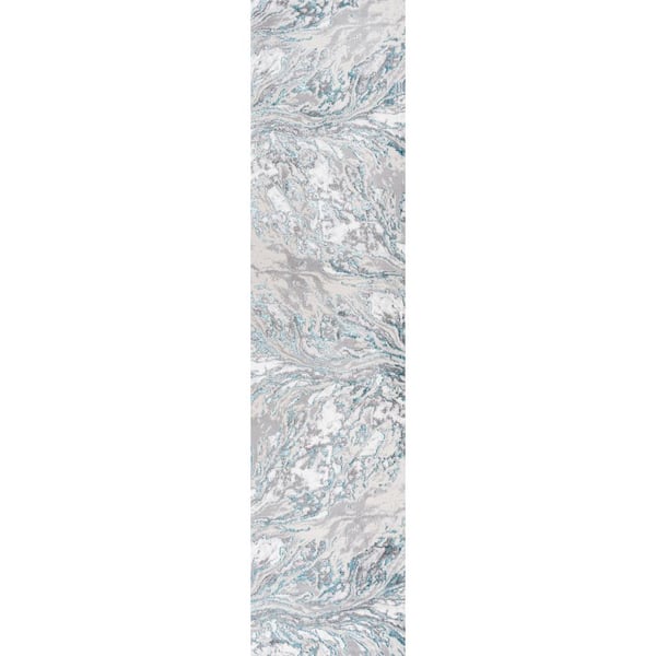 Swirl Marbled Abstract Gray/Turquoise 2 ft. x 10 ft. Runner Rug