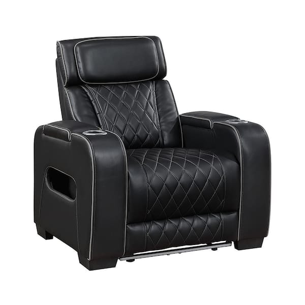 Clumber Black Faux Leather Power Recliner with Power Headrest, Cup Holders and Storage Arms