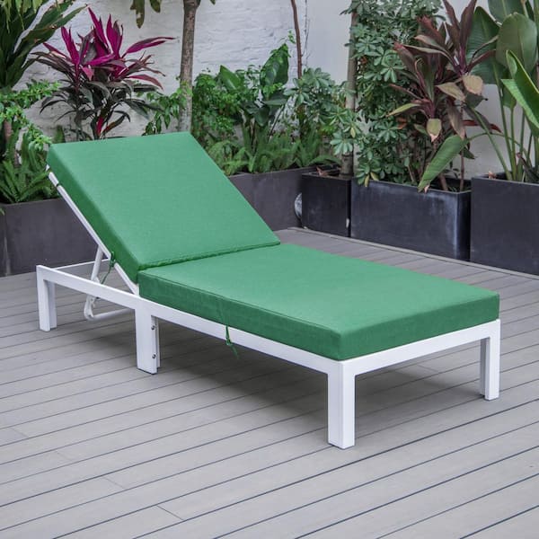 Leisuremod Chelsea Modern White Aluminum Outdoor Patio Chaise Lounge Chair with Green Cushions