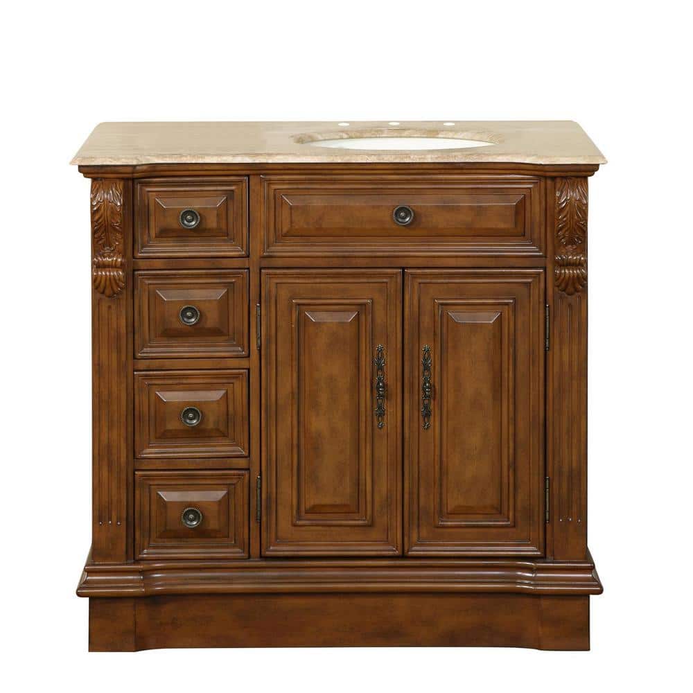 Silkroad Exclusive 38 in. W x 22 in. D Vanity in Walnut with Stone Vanity Top in Travertine with Ivory Basin, Brown -  HYP0904TUIC38R