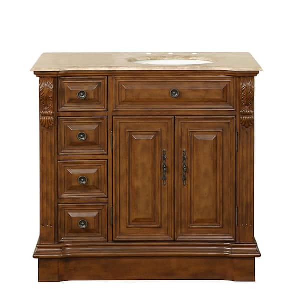 Silkroad Exclusive 38 in. W x 22 in. D Vanity in Walnut with Stone Vanity Top in Travertine with Ivory Basin