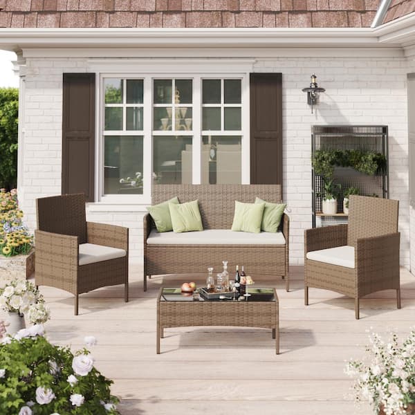 Tozey 4-Pieces Brown Wicker Patio Furniture Sets Patio Conversation Sets with Beige Cushion