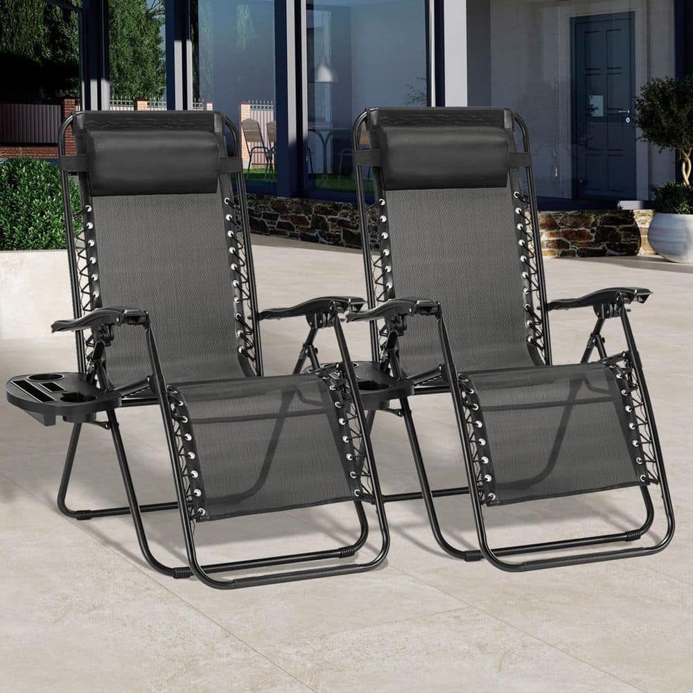 Black Folding Outdoor Lounge Chairs with Pillow and Cup Holder