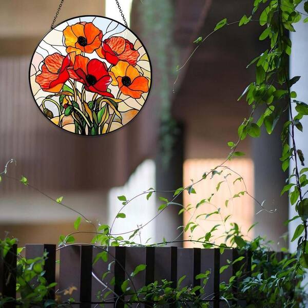 Red Poppy Forest Stained Glass Art Glass Window HDF4XNJ27V - The