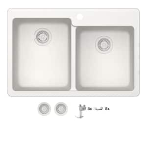 Stonehaven 33 in. Drop-In 60/40 Double Bowl White Ice Granite Composite Kitchen Sink with White Strainer