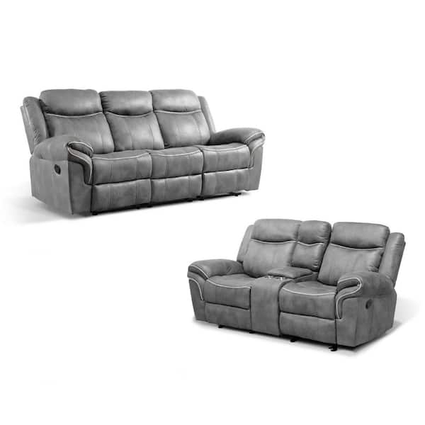 Amelia 2-Piece Warm Gray Faux Leather Manual Reclining Living Room Set with Cup Holders