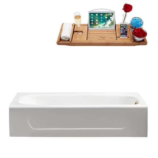 Streamline 60 in. Cast Iron Right Hand Drain Alcove Rectangular Bathtub Bathtub in Glossy White with Polished Gold External Drain