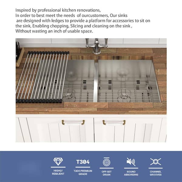 Unbranded 33 in. Undermount Double Bowl 18 Gauge Brushed Nickel Stainless Steel Kitchen Sink with Bottom Grids