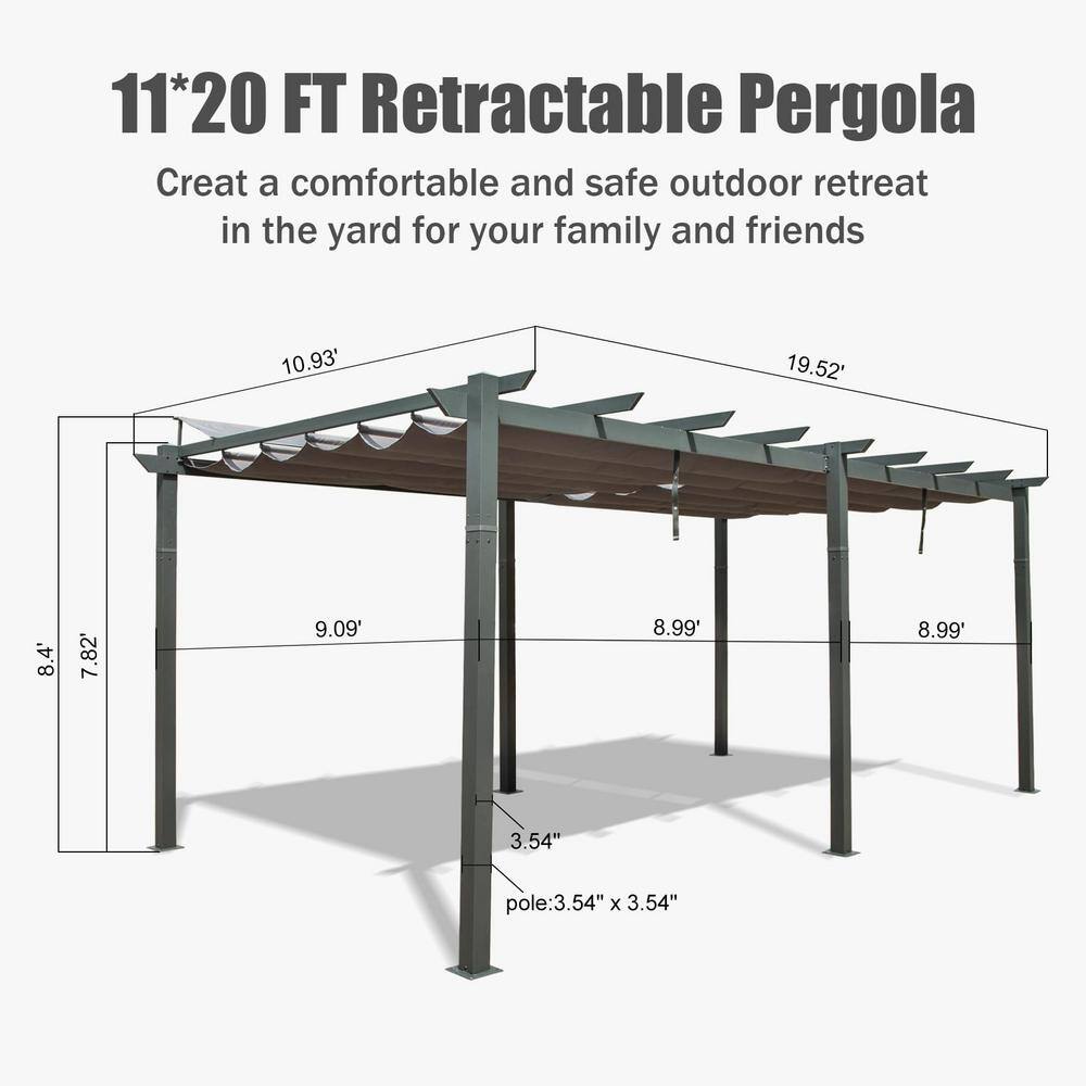11x20 ft Dark Gray Aluminum Patio Pergola with Retractable Canopy