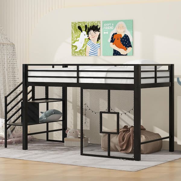 Harper & Bright Designs Black Twin Size Metal Low Loft Bed with Storage Staircase, Iron Mesh