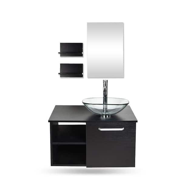 Puluomis 28 in. W x 19 in. D x 28 in. H Single Sink Bath Vanity in Black with Black Solid Top and Mirror
