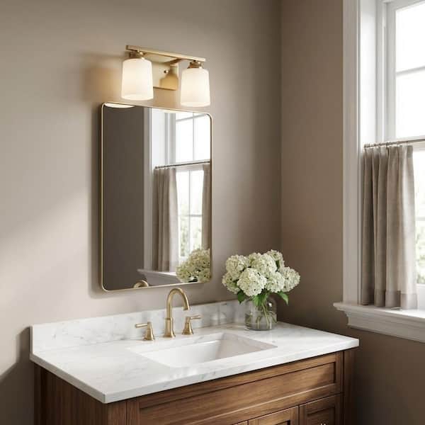 Vinton 11.75 in. W x 7.75 in. H 2-Light Satin Brass Bathroom Vanity Light with Etched Glass Shades, Bulbs Included