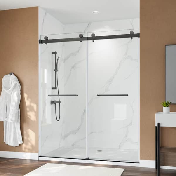 60 in. W x 75 in. H Frameless Sliding Shower Door, Installation Width 4 in. Adjusted, Double Doors Design, Matte Black