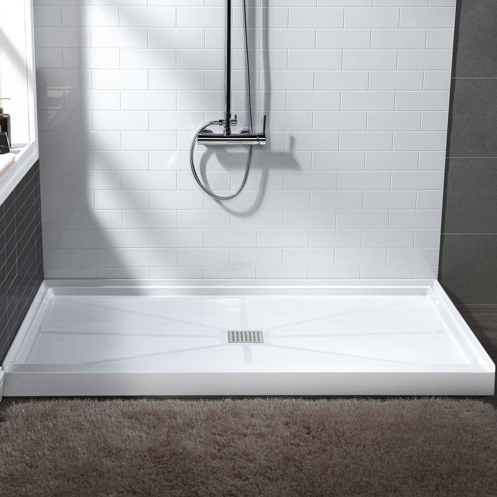 60" x 36" White Rectangular Shower Pan with Brushed Nickel Drain