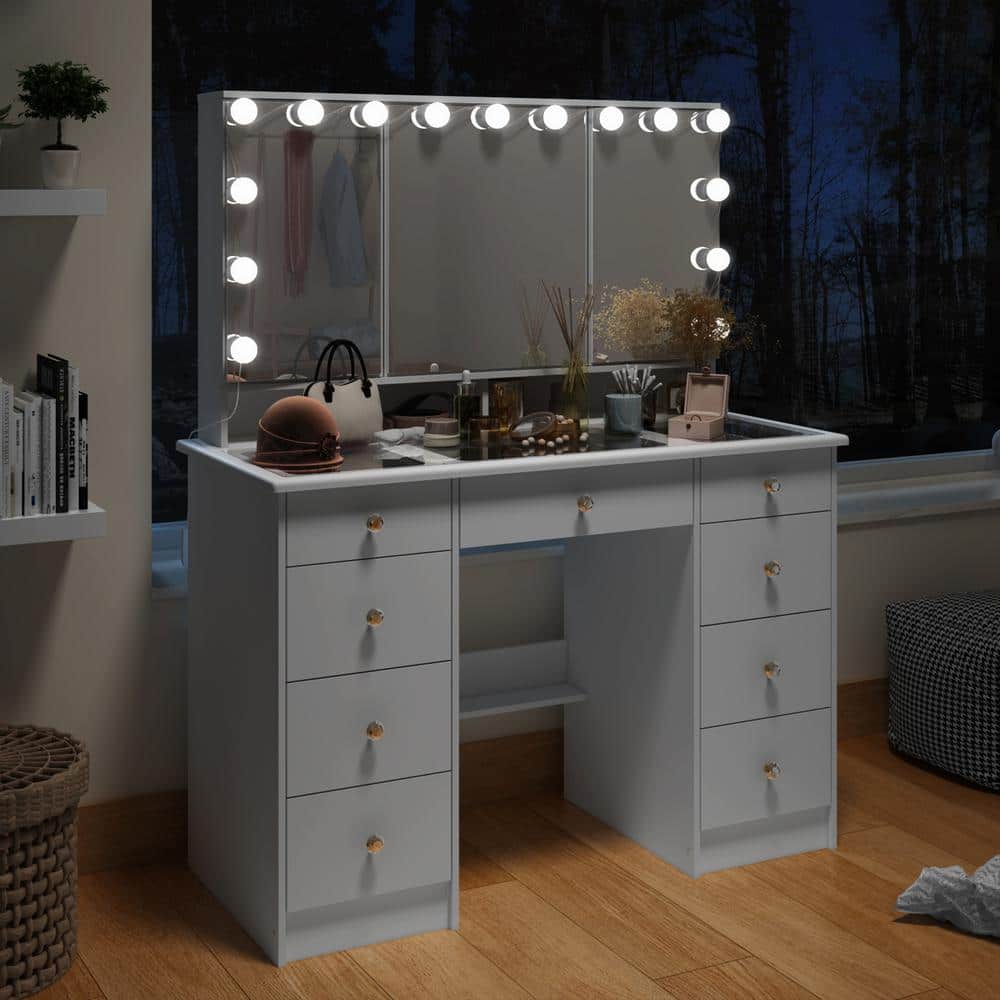 White Makeup Vanity Desk 9 Drawers Wood Dressing Table With 3 LED Bulb Light Mirrors, Glass Top, Hidden Storage Shelves - thumbnail 6