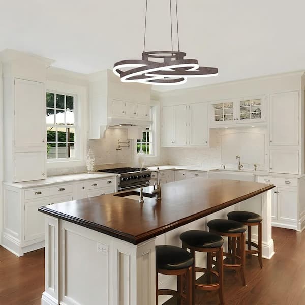 Carson 23.2 in. Walnut Modern Rectangle Integrated LED Dimmable Chandeliers Living Dining Foyer Lighting