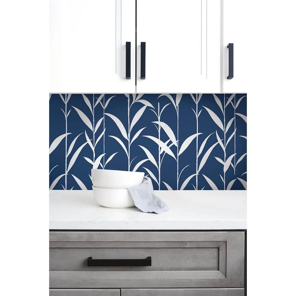 Navy Blue Bamboo Leaves Self-Adhesive Vinyl Wallpaper