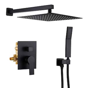 Wall Mount Single-Handle 1-Spray Square Brass Shower Faucet with 12 in. Shower Head in Matte Black (Valve Included)