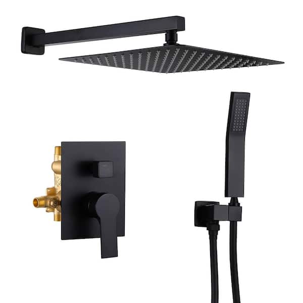 FLG Wall Mount Single-Handle 1-Spray Square Brass Shower Faucet with 12 in. Shower Head in Matte Black (Valve Included)