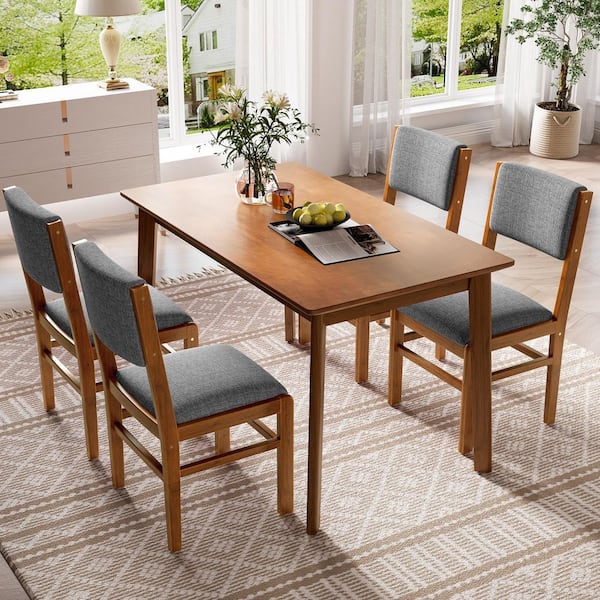 Harper & Bright Designs 5-Piece Brown MDF Top Dining Table Set Seats 4 with 4 Gray Line Upholstered Chairs