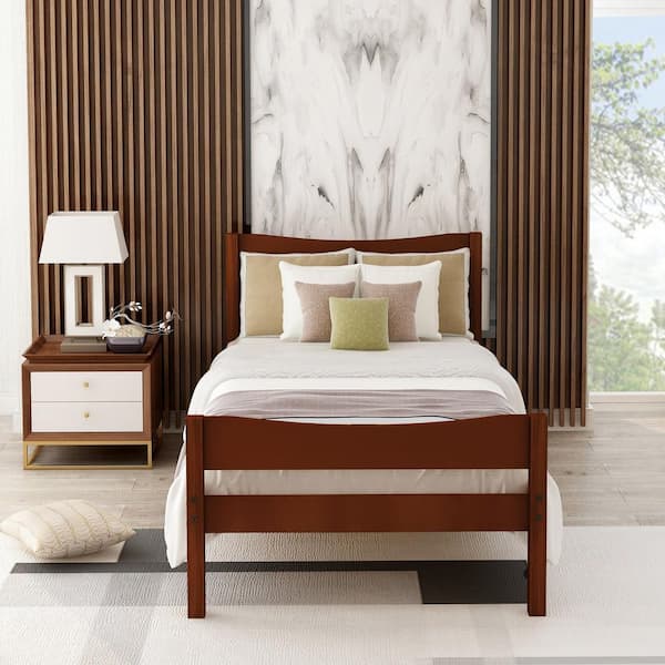 Walnut Brown Wood Frame Twin Size Platform Bed with Headboard and Wooden Slat Support