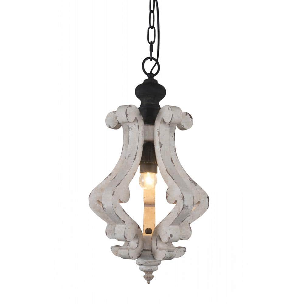 Oaks Aura Mariano Cottage Farmhouse Rustic 1-Light Distressed White Wooden Chandelier Kitchen Island Light -  FC4001