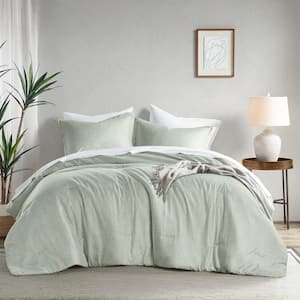 Camden 3-Piece Sage Green Microfiber Full/Queen Chambray Print Solid Comforter Set