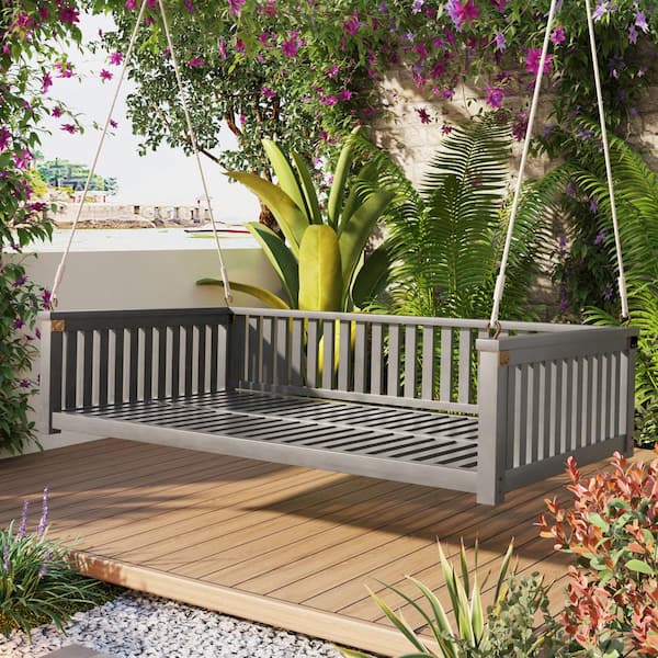 Harper & Bright Designs Twin Size Swing Bed 2-Person Gray Wood Porch Swing with Ropes and Safe Sloped Design