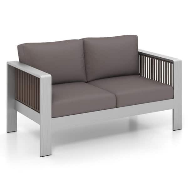 Metal Outdoor Patio Aluminum Loveseat with Thick Back and Gray Cushions