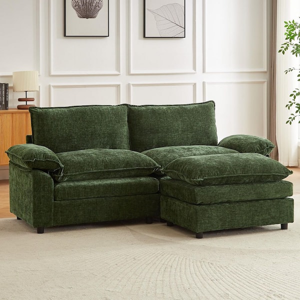 80.3 in. Square Arm L-Shaped Chenille Deluxe Pillow-Styled Modular Sectional Sofa in. Green with 1 Ottoman