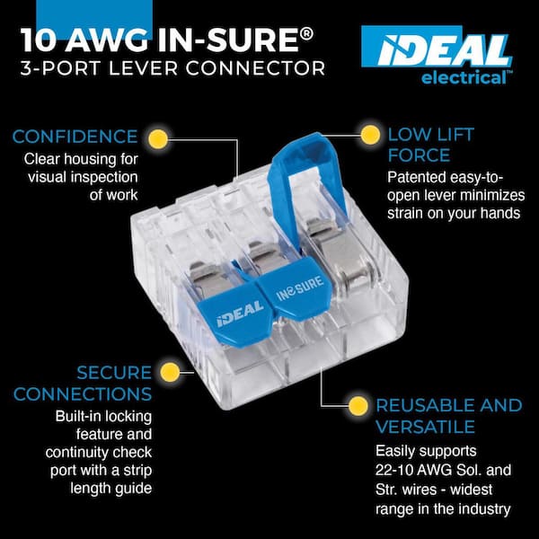 In-Sure Lever Wire Connector, 10 AWG, 3-Port Box of 1000
