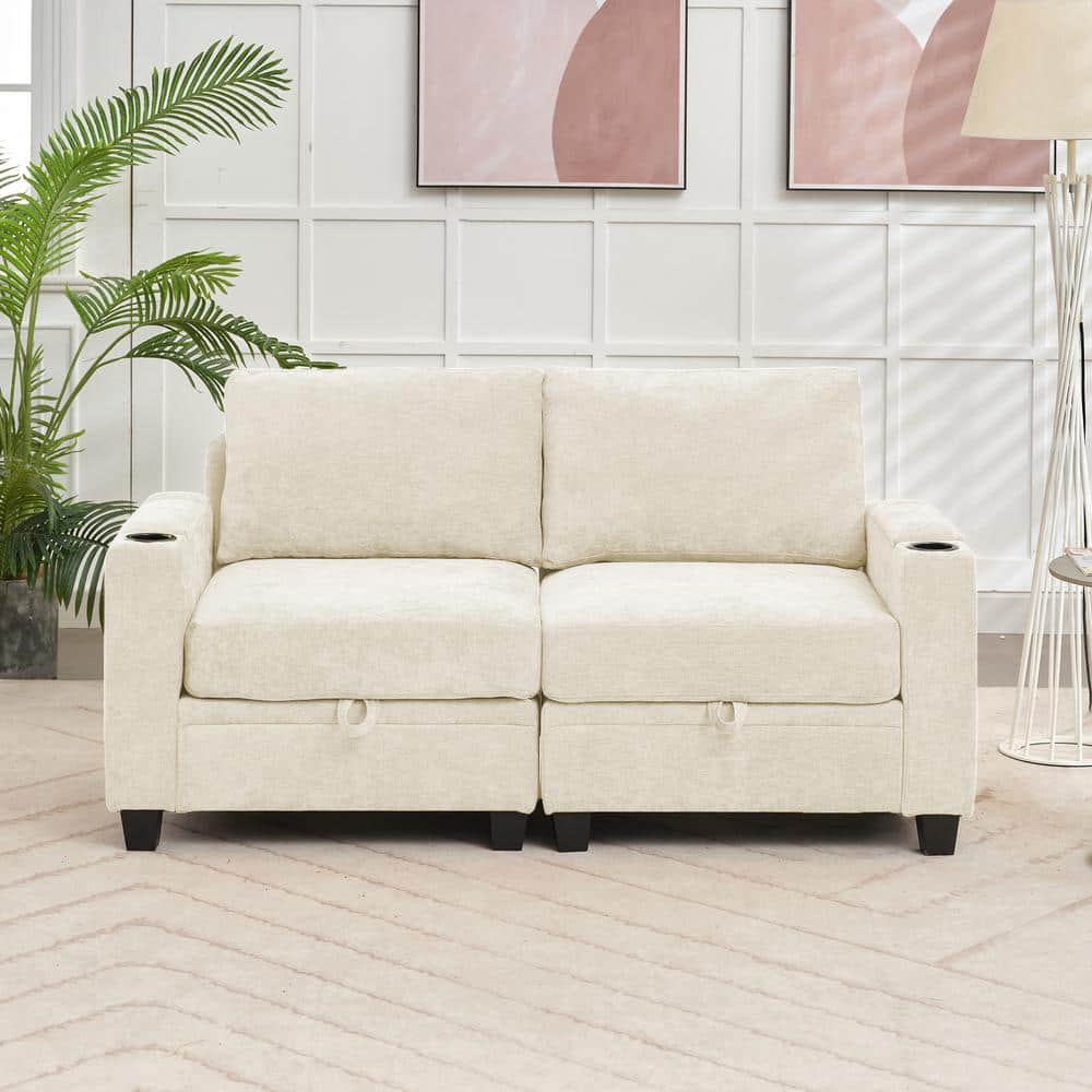 JEAREY Modern 64.6 in Beige Chenille Storage Loveseat with