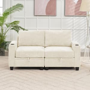 Modern 64.6 in Beige Chenille Storage Loveseat with Cup Holder and Ottoman for Living