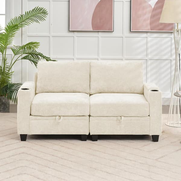 JEAREY Modern 64.6 in Beige Chenille Storage Loveseat with Cup Holder and Ottoman for Living