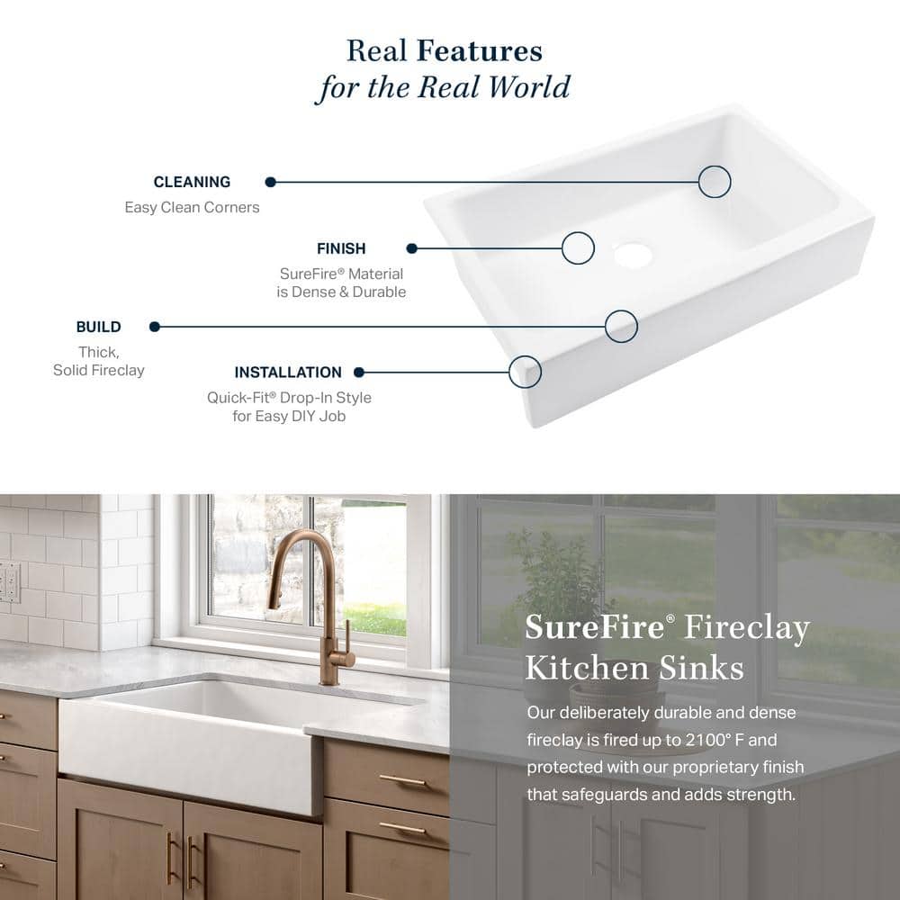 Grace White Fireclay Farmhouse Apron Kitchen Sink with Black Faucet
